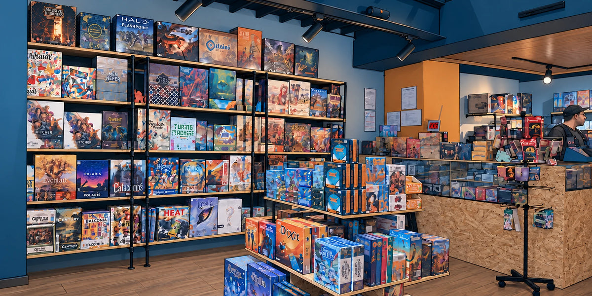 Interior de Nostromo con juegos de mesa, tonos equilibrados y efecto cómic suave.