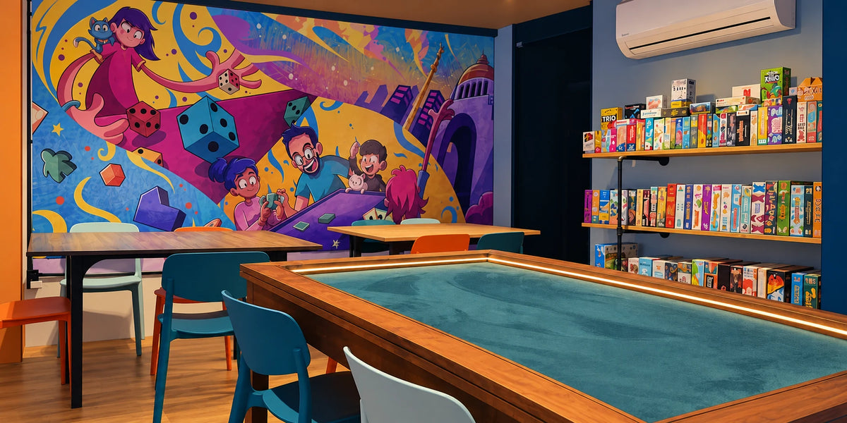 Ludoteca de Nostromo con mural y mesa de juego, luz suave y perspectiva ligeramente corregida.